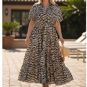 Chicos Black Label Costal Abstract Dot Tiered Dress XL Beachy Safari Chic Boho